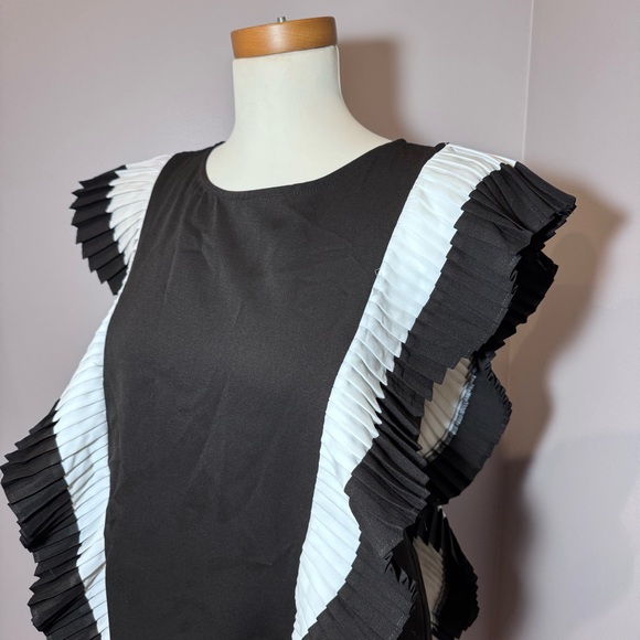 FAB’RIK Sleeveless Ruffle Accent Blouse BLACK-WHITE / SMALL - Picture 2 of 12